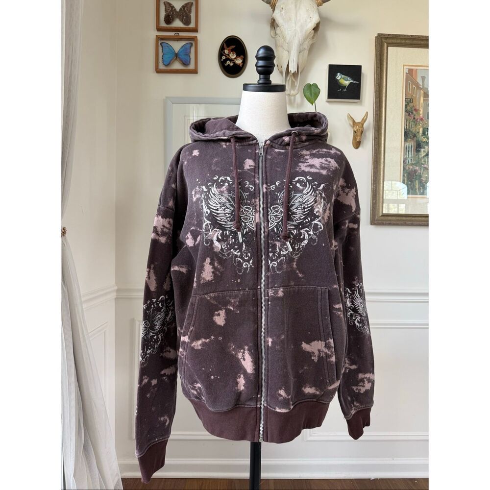 Y2K Daisy Street Bleach Tie Dye Oversize Full Zip Hoodie Purple Wings S